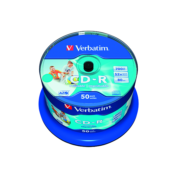 CD Verbatim CD-R AZO 52x 700MB Wide Inkjet Printable Spindle (Pack of 50) 43438