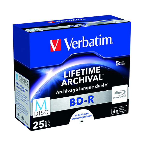 Verbatim M-Disc Blu-ray BD-R 25 GB 4x Printable Jewel Case (5 Pack) 43823