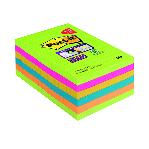 Post-it Notes Super Sticky XXL 101 x 152mm Ultra Colours (6 Pack) 4690-SSUC-P4+2