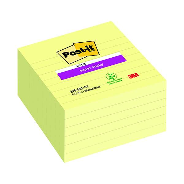Post-it Notes Super Sticky XL 101 x 101mm Lined Canary Yellow (6 Pack) 675-SS6CY