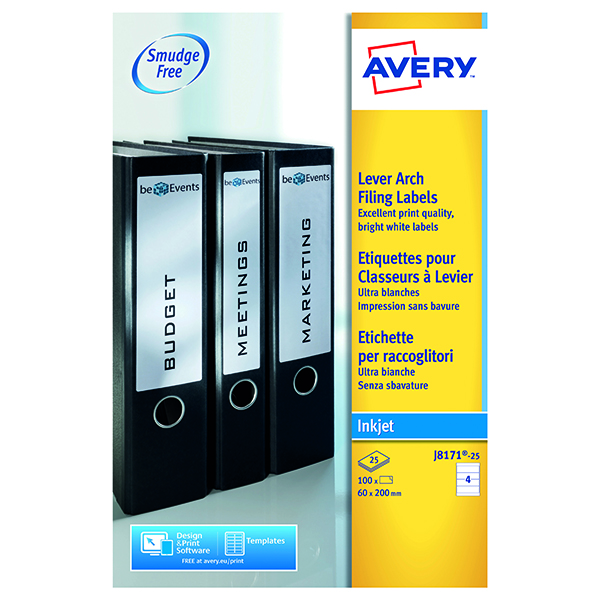 Filing / Media / Retail Avery Inkjet Lever Arch Filing Labels 200mmx60mm 4 Per Sheet White (100 Pack) J8171-25