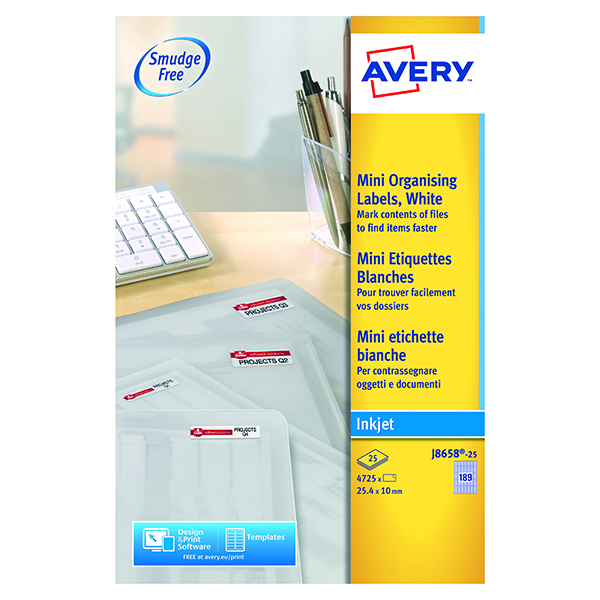 Address Avery Inkjet Mini Labels 25.4x10mm 189 Per Sheet White (4725 Pack) J8658-25
