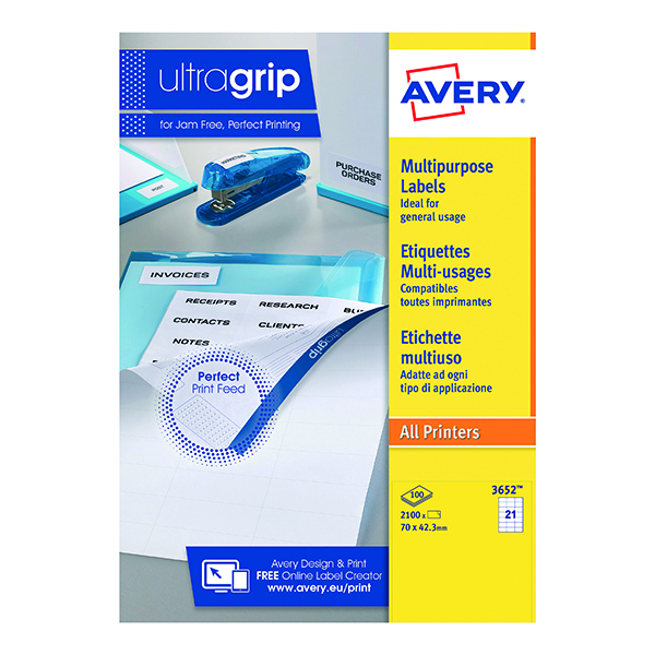 Address Avery Ultragrip Multipurpose Labels 70x42.3mm 21 Per Sheet White (2100 Pack) 3652