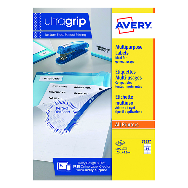 Address Avery Ultragrip Multipurpose Labels 105x42.3mm 14 Per Sheet White (1400 Pack) 3653
