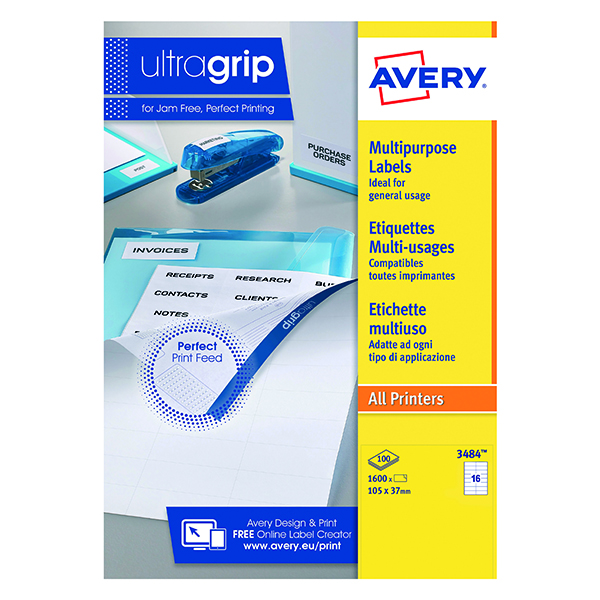 Address Avery Ultragrip Multipurpose Labels 105x37mm 16 Per Sheet White (1600 Pack) 3484