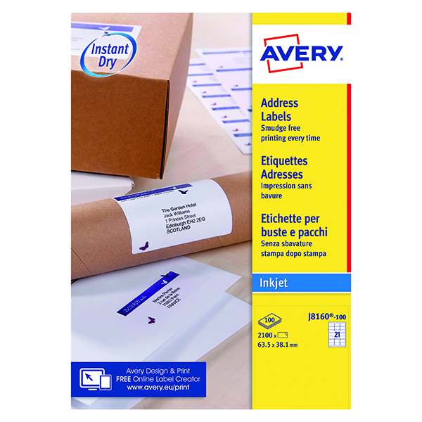 Address Avery Inkjet Address Labels QuickDRY 63.5x38.1mm 21 Per Sheet White (2100 Pack) J8160-100