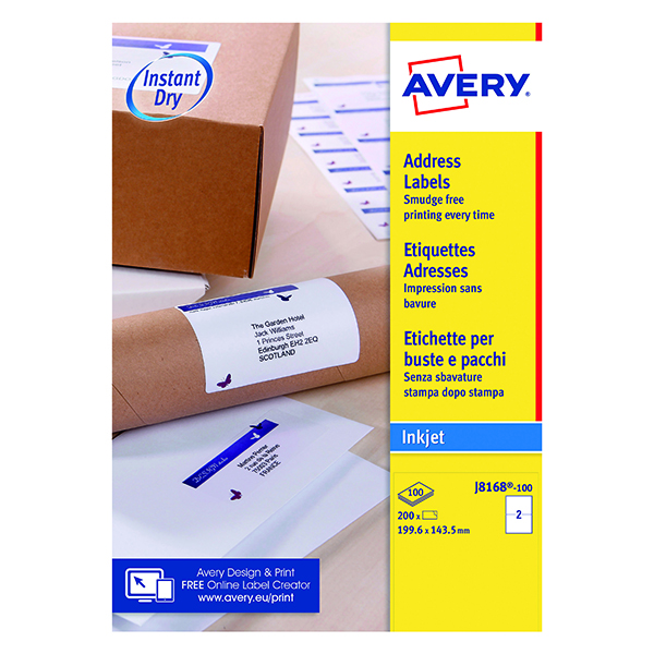 Address Avery Inkjet Parcel Label QuickDRY 199.6 x 143.5mm 2 Per Sheet White (200 Pack) J8168-100