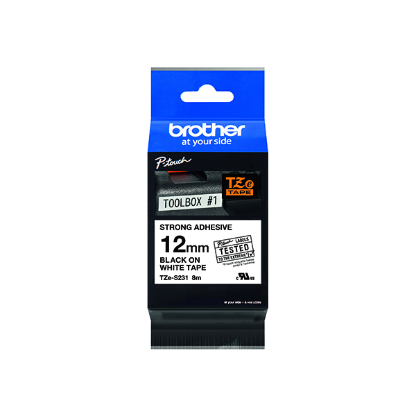 Brother TZe Strong Adhesive Labelling Tape 12mmx8m Black on White TZES231