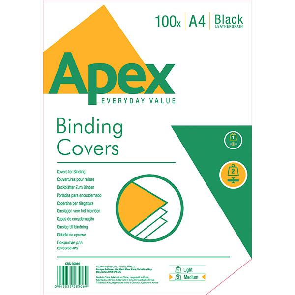 Cover Boards Fellowes Apex Black Leatherboard Covers A4 (100 Pack) 6501001