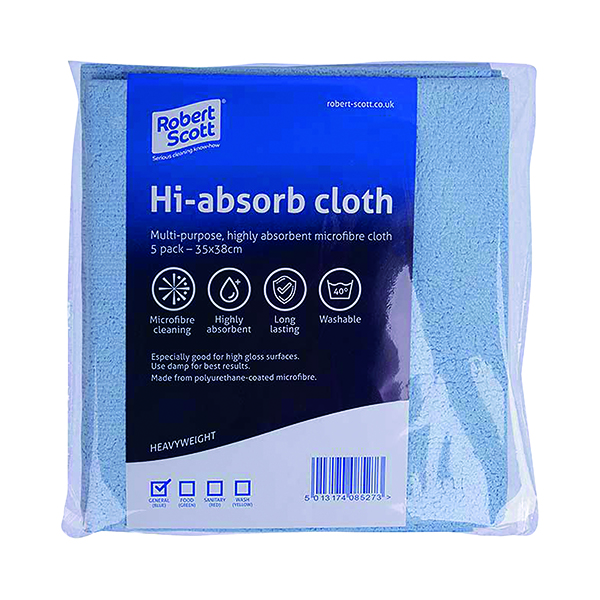 Cloths / Dusters / Scourers / Sponges Robert Scott Hi-Absorb Microfibre Cloth Blue (5 Pack) 103986BLUE