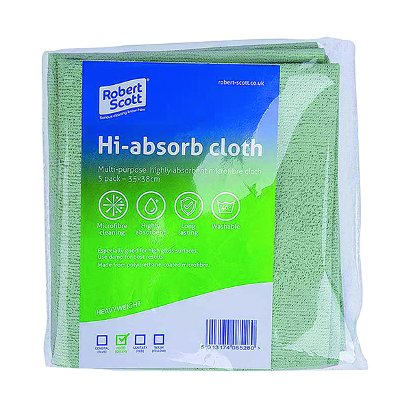 Cloths / Dusters / Scourers / Sponges Robert Scott Hi-Absorb Microfibre Cloth Green (5 Pack) 103986GREEN