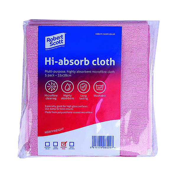 Cloths / Dusters / Scourers / Sponges Robert Scott Hi-Absorb Microfibre Cloth Red (5 Pack) 103986RED