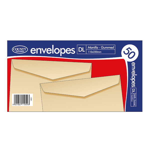 Manila Window County Stationery DL Manilla Gummed Envelopes  (1000 Pack) C501
