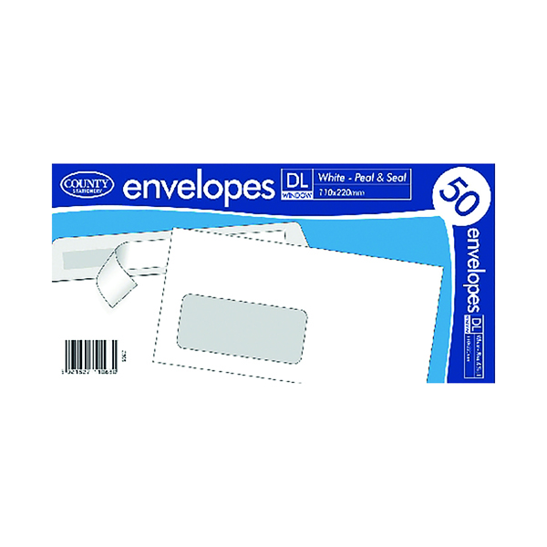 Manila Window County Stationery DL White Window Peel and Seal Envelopes (1000 Pack) C505