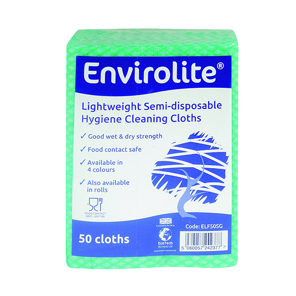 Disinfectant Wipes Envirolite 480x360mm Green Lightweight All Purpose Cloths (50 Pack) ELF500