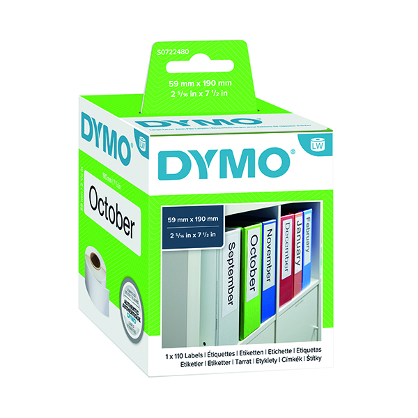 Labelling Tapes & Labels Dymo White Large Lever Arch File Label 60x190mm (110 Pack) S0722480