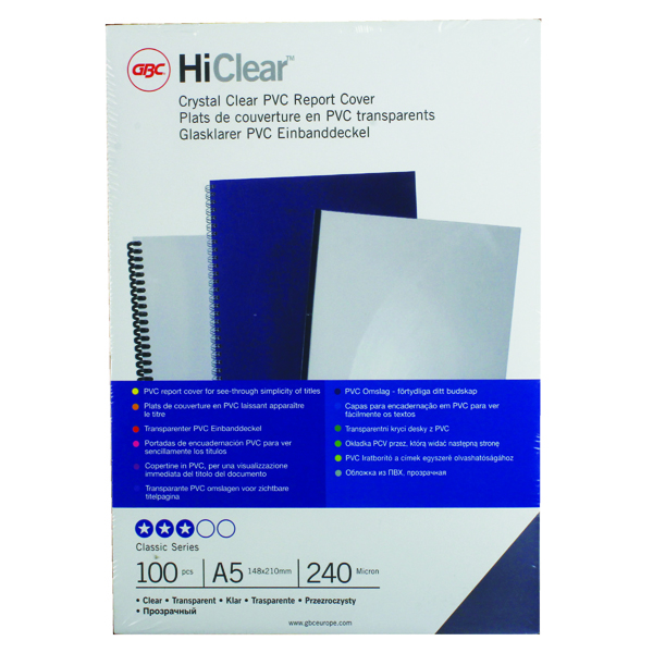 Thermal Bind Covers GBC HiClear PVC Binding Covers 240 Micron A5 Clear (100 Pack) 4400025