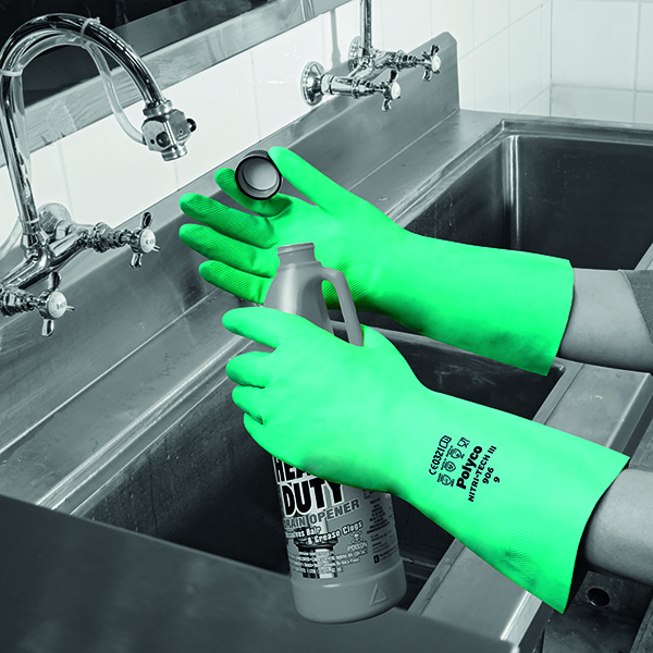Hand Protection Polyco Nitri-Tech III Flock Lined Nitrile Synthetic Rubber Glove Size 9 Green 926