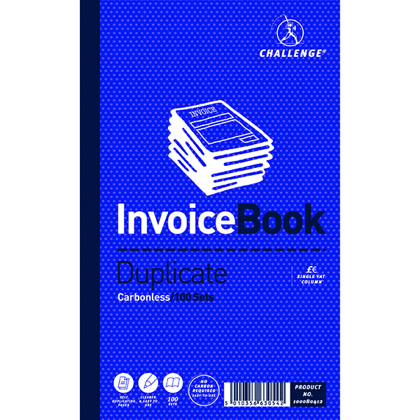 Duplicate Challenge Duplicate Invoice Single VAT Column Book Carbonless 100 Sets 210 x 130mm (5 Pack) 100080412