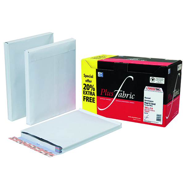 Gusset Envelopes Plus Fabric Gusset C4 Envelopes Peel and Seal 120gsm White (100 Pack) C26766