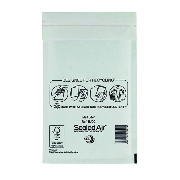 Bubble Mail Lite Bubble Lined Postal Bag Size B/00 120x210mm White (100 Pack) MLW B/00