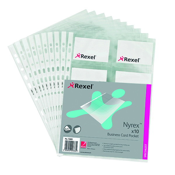 Rexel Nyrex Punched Business Card Pockets A4 (10 Pack) 13681