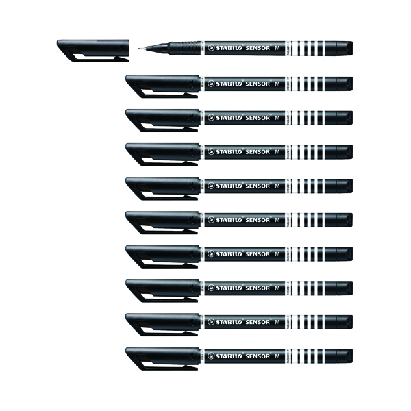 Black Stabilo Sensor Fineliner Bright Pen Medium Black (10 Pack) 187/46