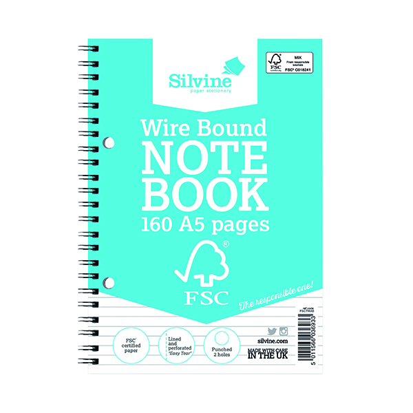 Silvine Envrionmentally Friendly Wirebound Notebook 160 Pages A5 (5 Pack) FSCTWA5